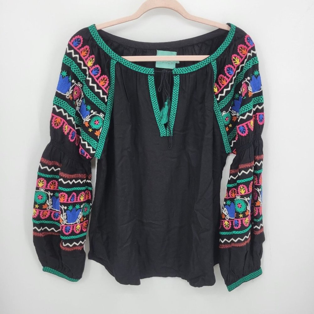 Judith March Top Womens Large Black Embroidered Long Sleeve Tunic Boho Blouse